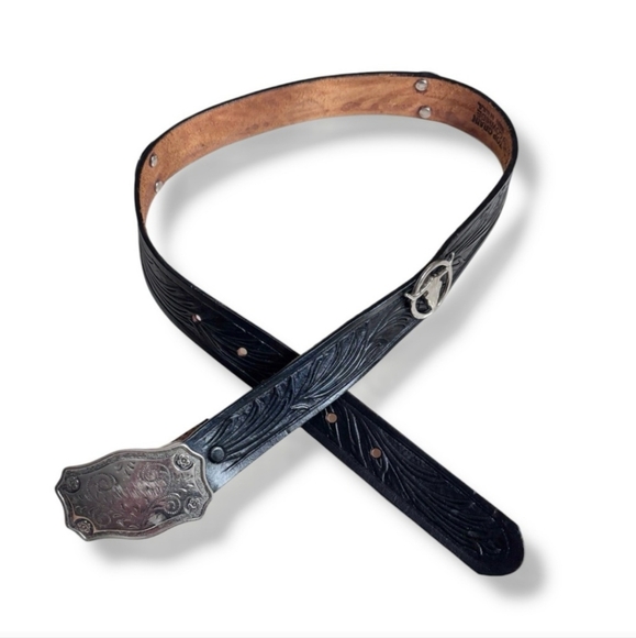 JUSTIN Black Tooled Top Grain Leather Belt Silver Tone Buckle & Accents - Picture 6 of 10